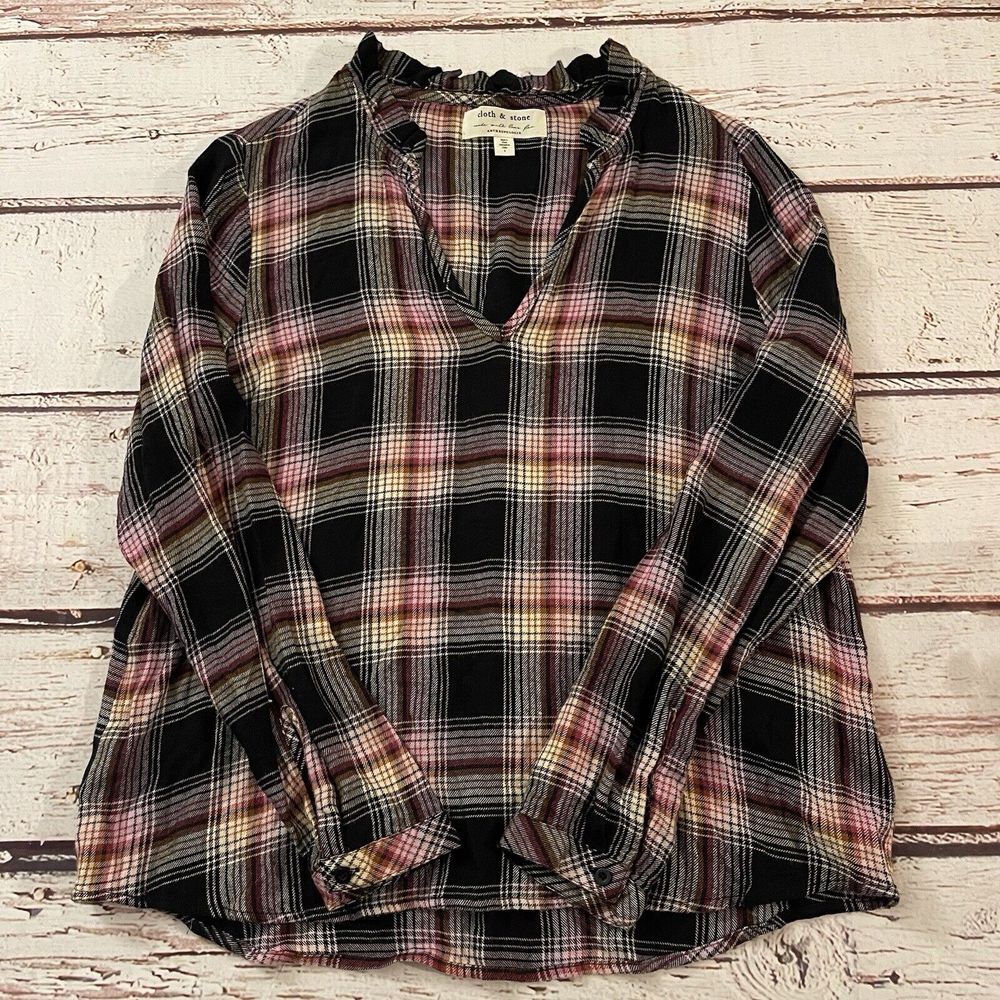 Anthropologie Cloth & Stone Charley Popover Ruffle V-Neck Plaid Blouse Top Small